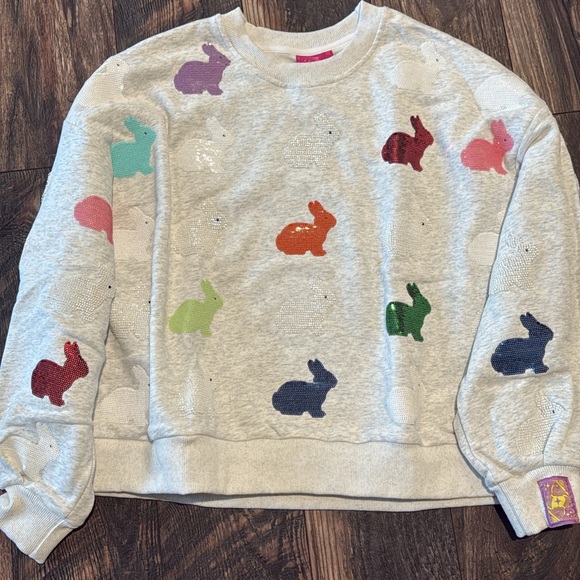 QUEEN OF SPARKLES Tops - QUEEN OF SPARKLES Gray Sweatshirt with Multicolor Sequin Bunny Appliqués